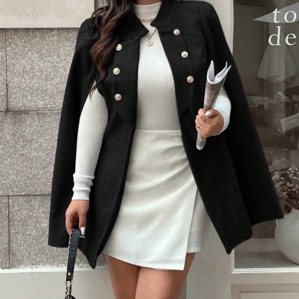 Plus Solid Button Detail Cape Jacket Coat - Picture 3 of 10
